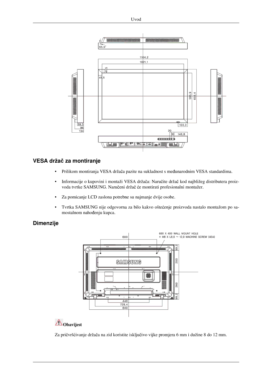 Samsung LH40TCTMBC/EN manual Vesa držač za montiranje 