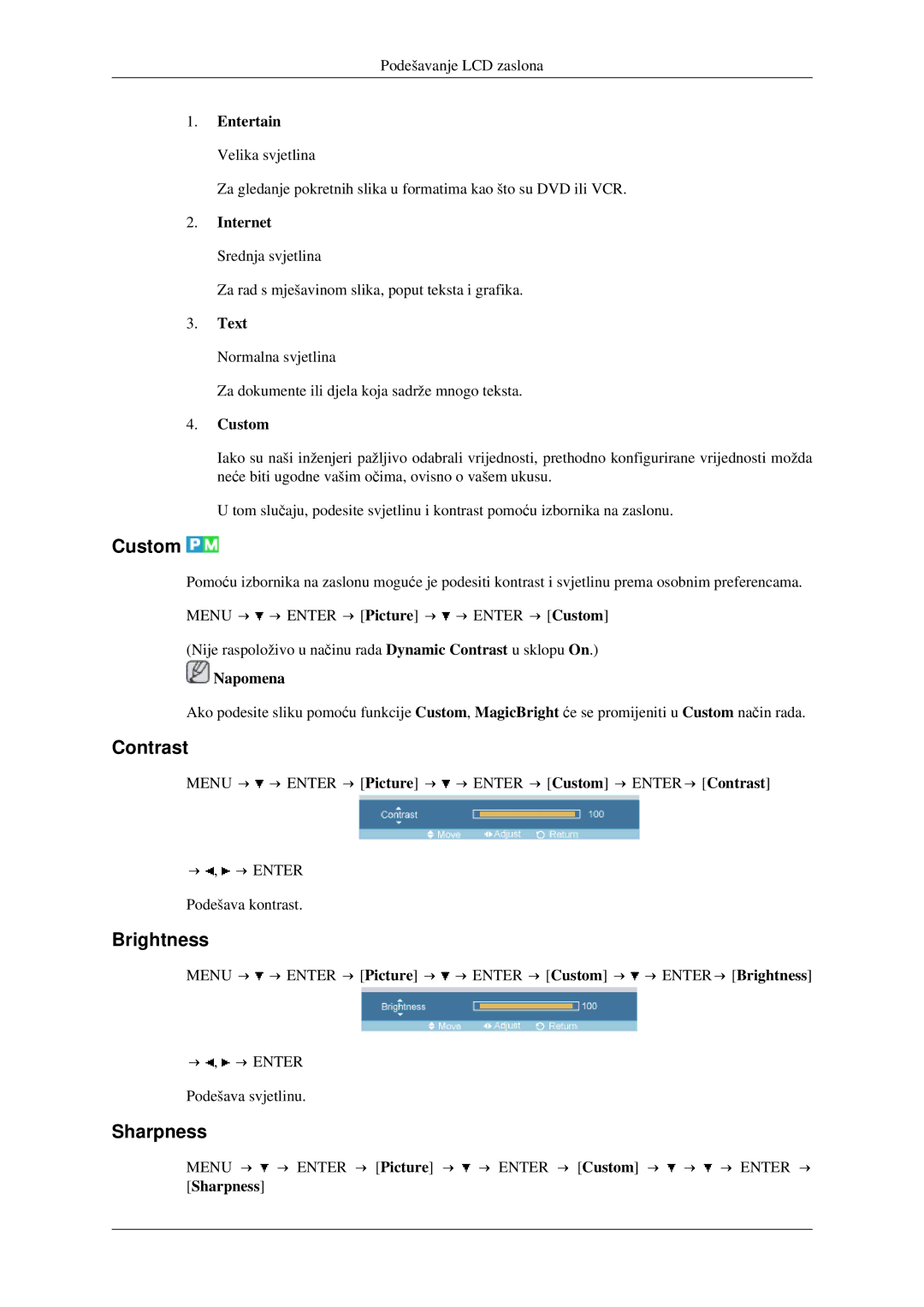 Samsung LH40TCTMBC/EN manual Custom, Contrast, Brightness, Sharpness 