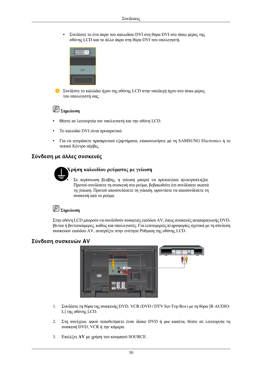 Samsung LH40TCUMBC/EN, LH40TCUMBG/EN, LH40TCQMBG/EN, LH46TCUMBG/EN manual Σύνδεση με άλλες συσκευές, Σύνδεση συσκευών AV 