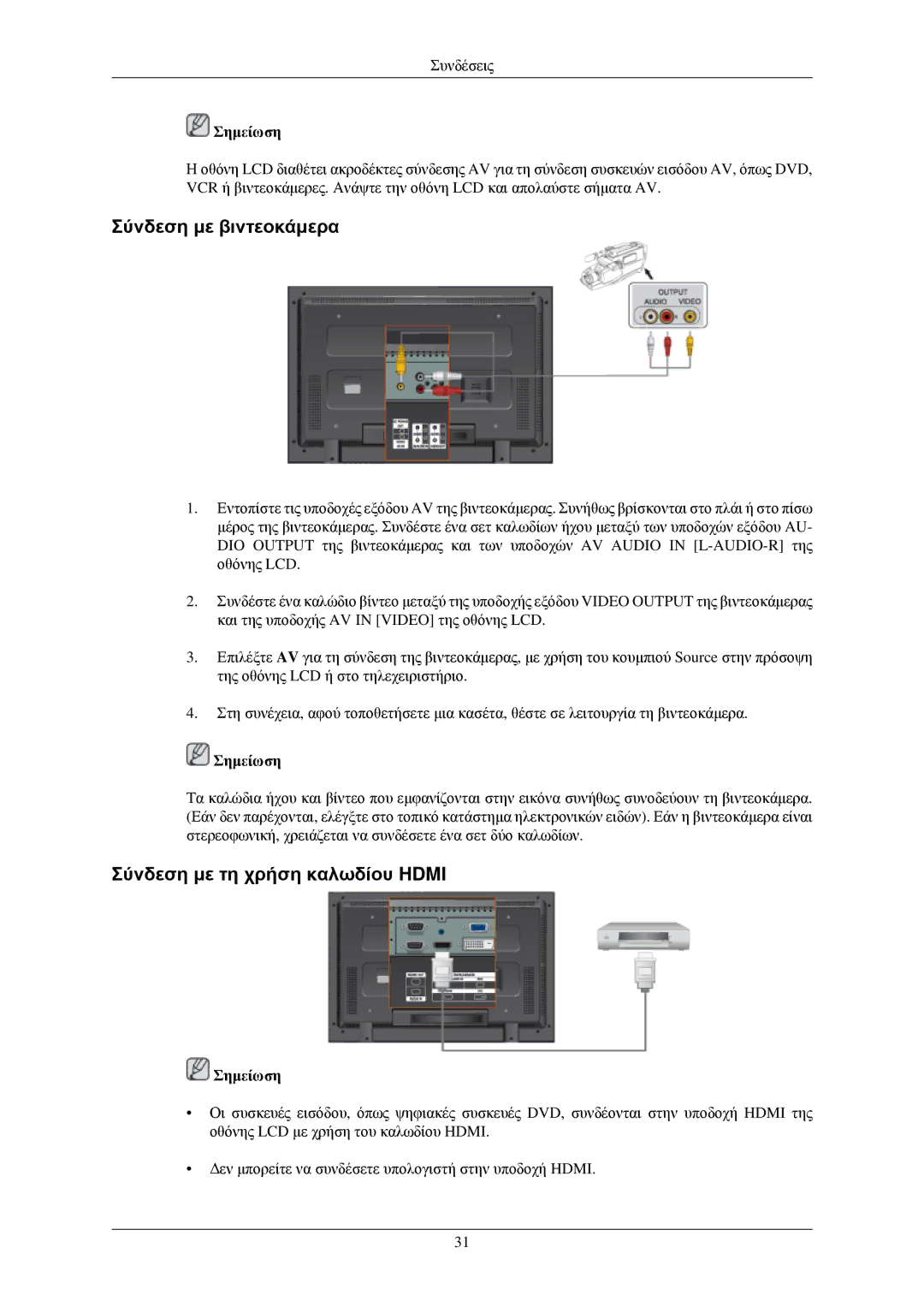 Samsung LH40TCUMBG/EN, LH40TCQMBG/EN, LH46TCUMBG/EN manual Σύνδεση με βιντεοκάμερα, Σύνδεση με τη χρήση καλωδίου Hdmi 