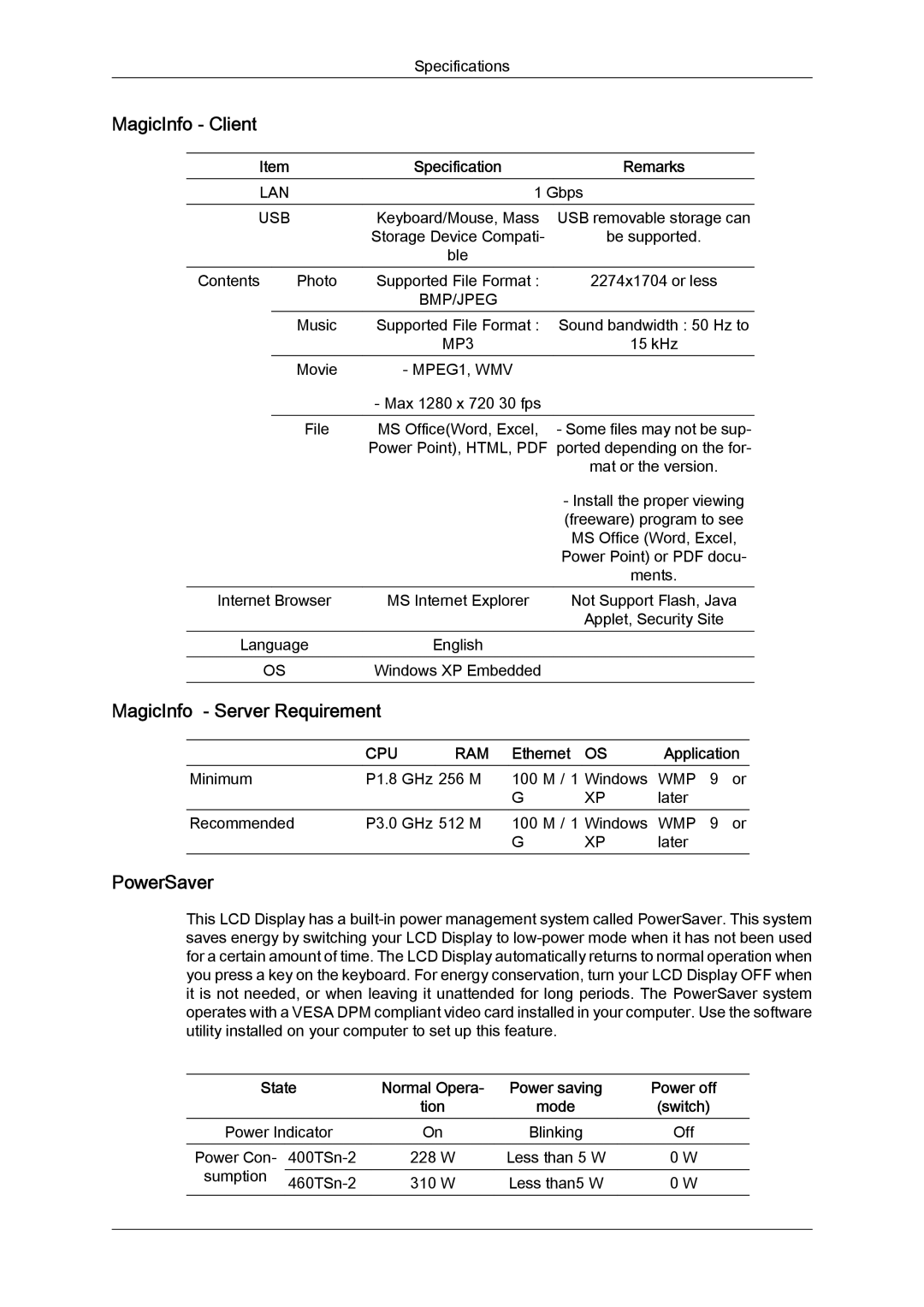 Samsung LH40TCQMBG/XY manual MagicInfo Client, MagicInfo Server Requirement, PowerSaver, Ethernet Application, State 