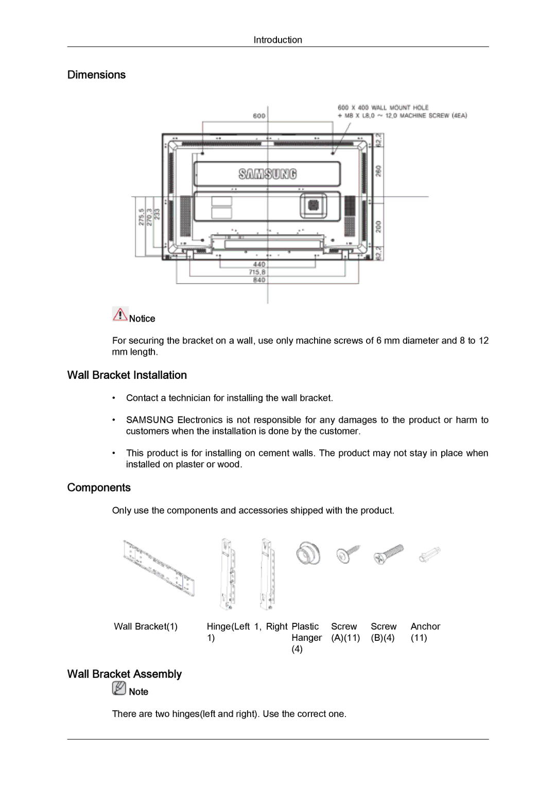 Samsung LH46TCUMBG/XK, LH40TCUMBG/EN manual Dimensions, Wall Bracket Installation, Components, Wall Bracket Assembly 