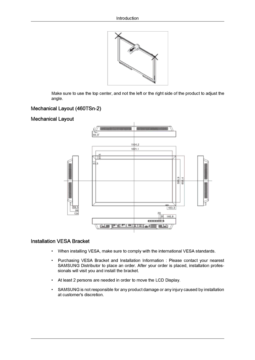 Samsung LH46TCUMBC/EN, LH40TCUMBG/EN, LH40TCQMBG/EN, LH46TCUMBG/EN manual Mechanical Layout 460TSn-2 Installation Vesa Bracket 