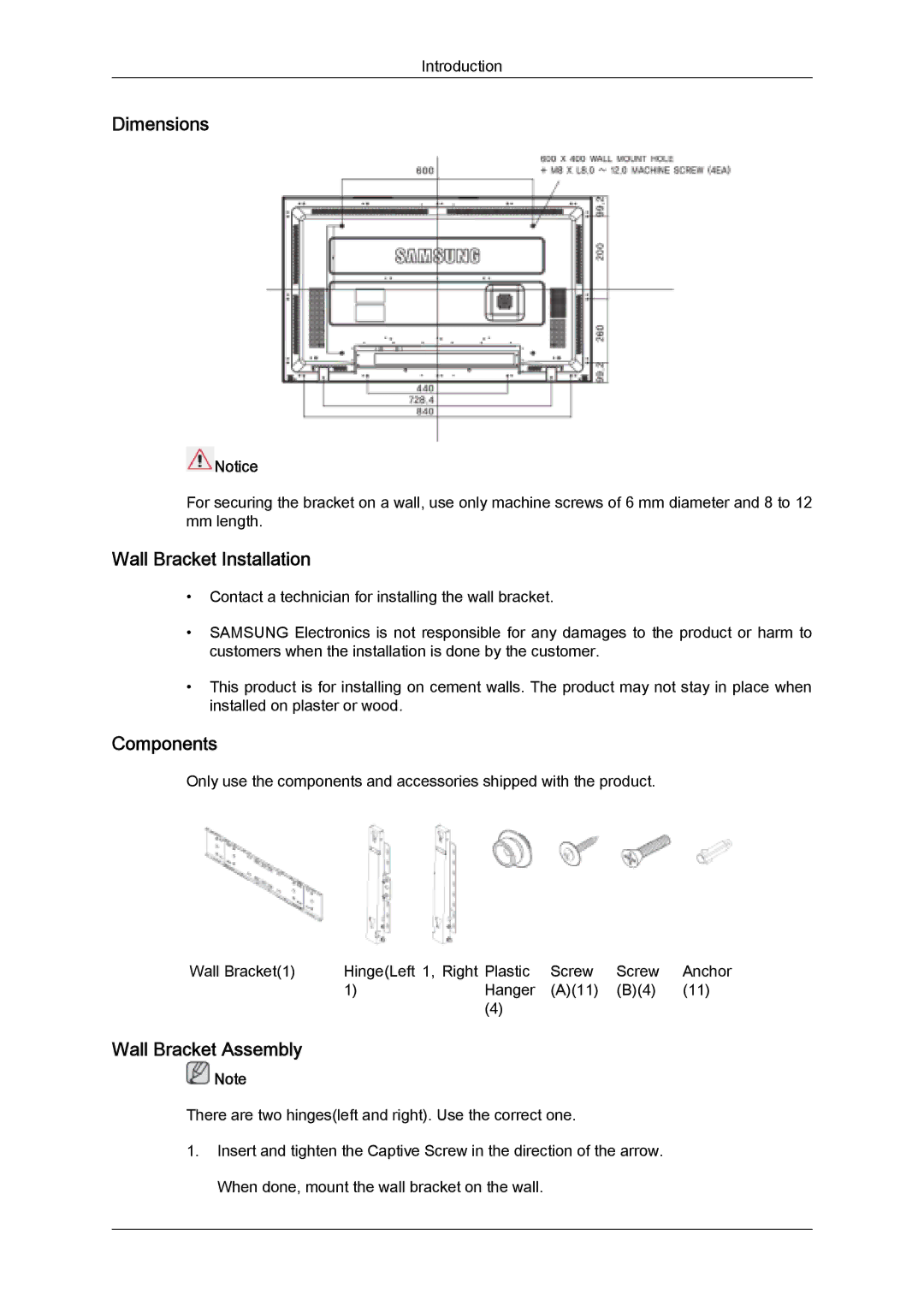 Samsung LH40TCQMBG/EN, LH40TCUMBG/EN, LH46TCUMBC/EN, LH46TCUMBG/EN, LH40TCUMBC/EN, LH46TCUMBC/XY, LH46TCUMBG/XY manual Dimensions 