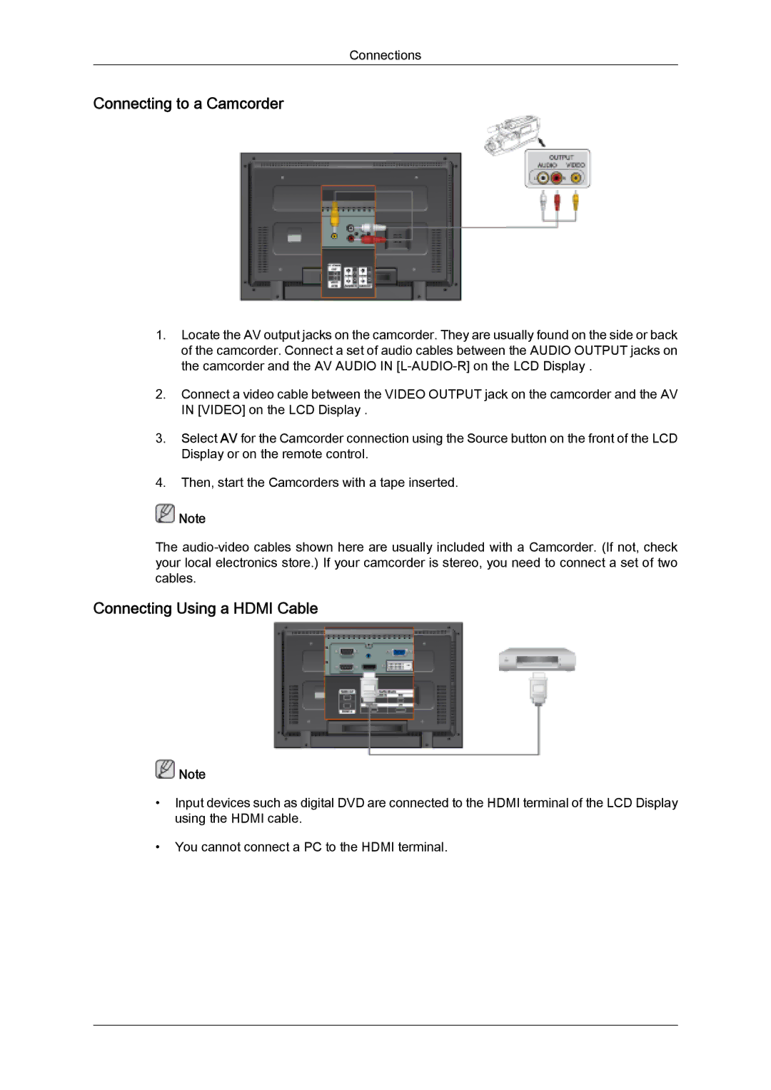 Samsung LH40TCUMBC/XY, LH40TCUMBG/EN, LH46TCUMBC/EN, LH40TCQMBG/EN Connecting to a Camcorder, Connecting Using a Hdmi Cable 