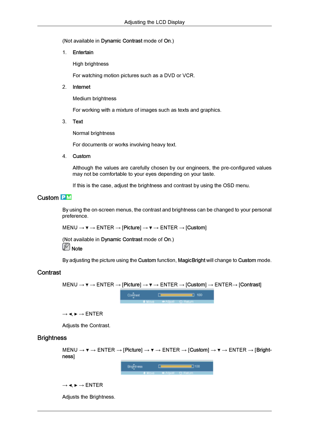 Samsung LH40TCUMBC/EN, LH40TCUMBG/EN, LH46TCUMBC/EN, LH40TCQMBG/EN, LH46TCUMBG/EN, LH46TCUMBC/XY Custom, Contrast, Brightness 