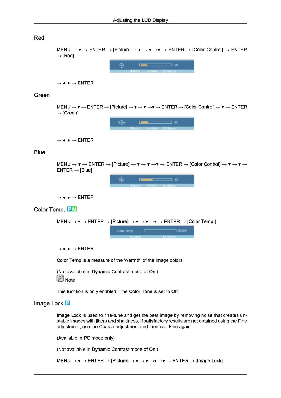 Samsung LH46TCUMBG/XY, LH40TCUMBG/EN, LH46TCUMBC/EN, LH40TCQMBG/EN, LH46TCUMBG/EN Red, Green, Blue, Color Temp, Image Lock 