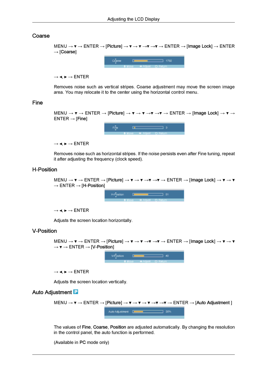 Samsung LH40TCQMBG/XY, LH40TCUMBG/EN, LH46TCUMBC/EN, LH40TCQMBG/EN manual Fine, Position, Auto Adjustment, → Coarse 