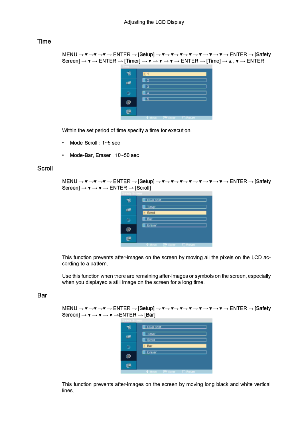 Samsung LH40TCUMBC/EN, LH40TCUMBG/EN, LH46TCUMBC/EN, LH40TCQMBG/EN Mode-Scroll 1~5 sec Mode-Bar,Eraser 10~50 sec 