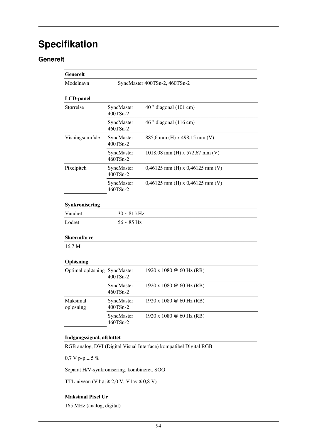 Samsung LH40TCUMBC/EN, LH40TCUMBG/EN, LH46TCUMBC/EN, LH40TCQMBG/EN, LH46TCUMBG/EN manual Generelt 