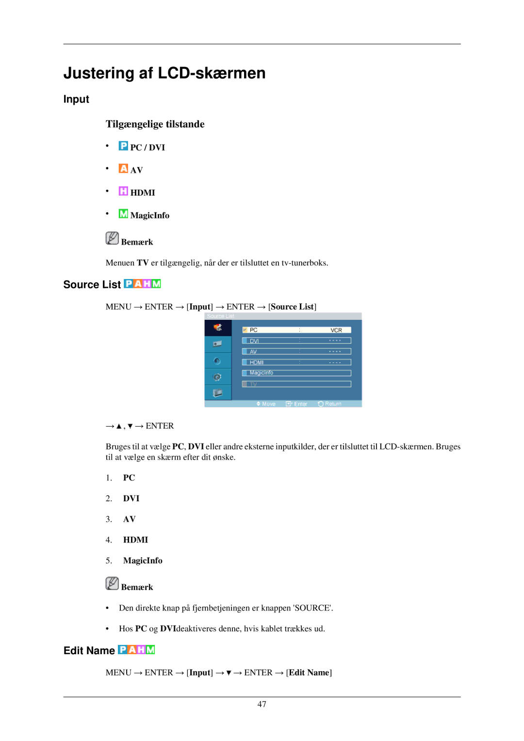 Samsung LH40TCQMBG/EN, LH40TCUMBG/EN, LH46TCUMBC/EN, LH46TCUMBG/EN, LH40TCUMBC/EN manual Input, Source List, Edit Name 