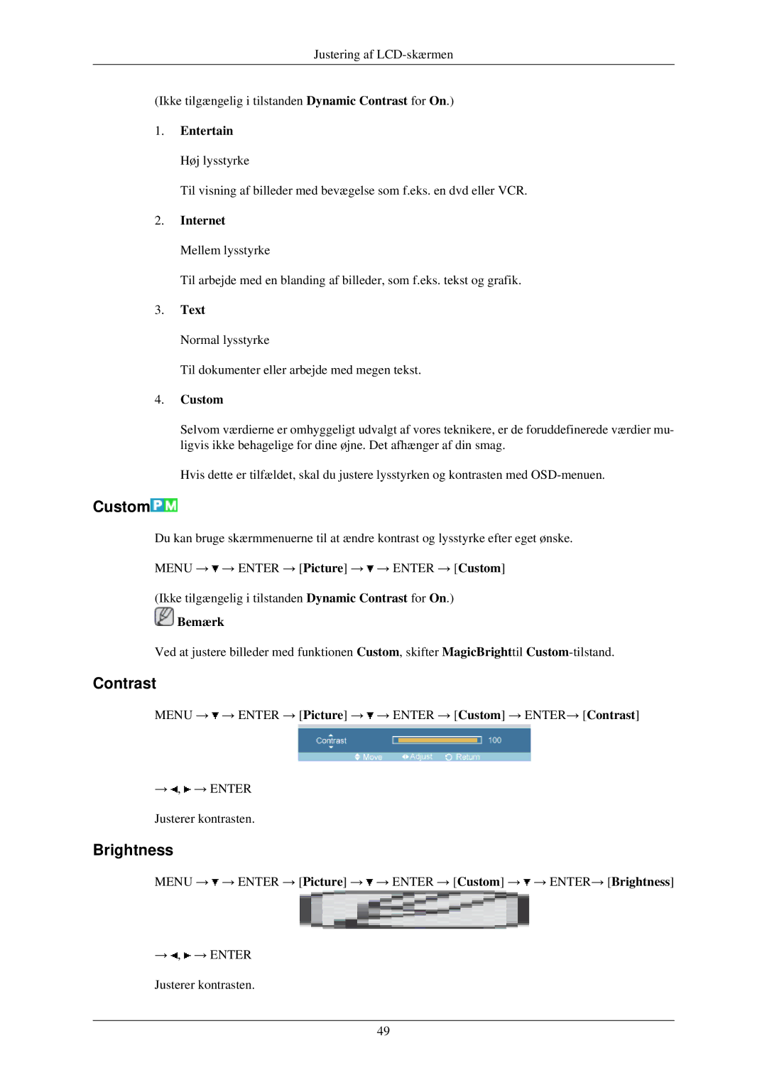 Samsung LH40TCUMBC/EN, LH40TCUMBG/EN, LH46TCUMBC/EN, LH40TCQMBG/EN, LH46TCUMBG/EN manual Custom, Contrast, Brightness 