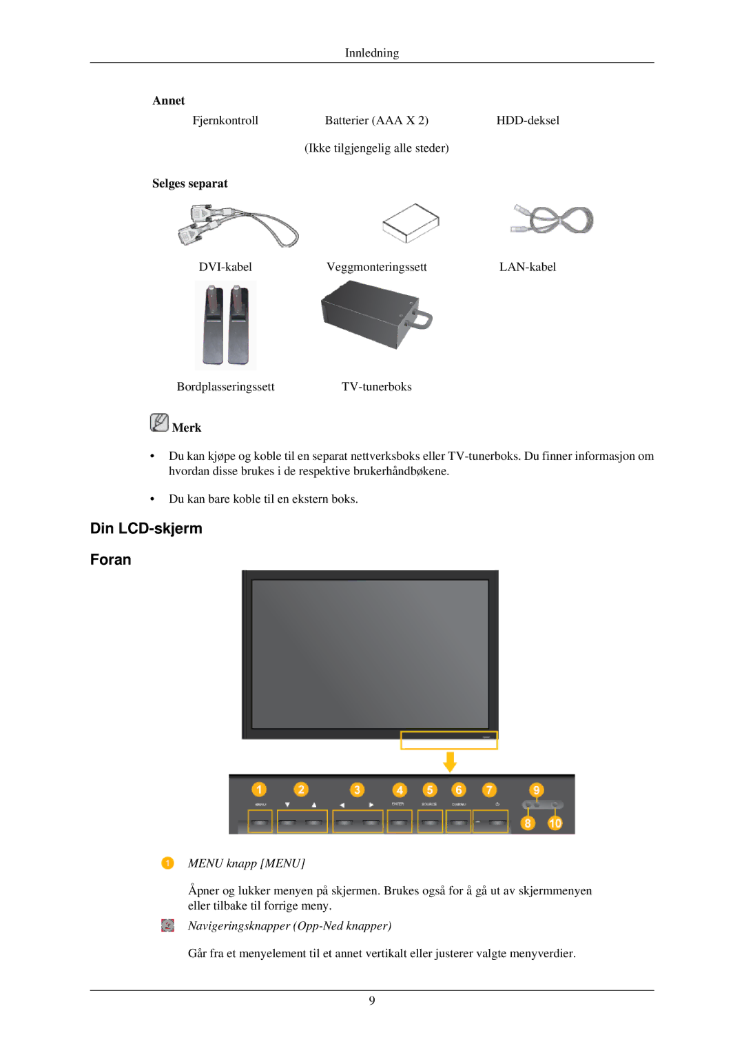 Samsung LH40TCUMBG/EN, LH46TCUMBC/EN, LH40TCQMBG/EN, LH46TCUMBG/EN, LH40TCUMBC/EN manual Din LCD-skjerm Foran, Selges separat 