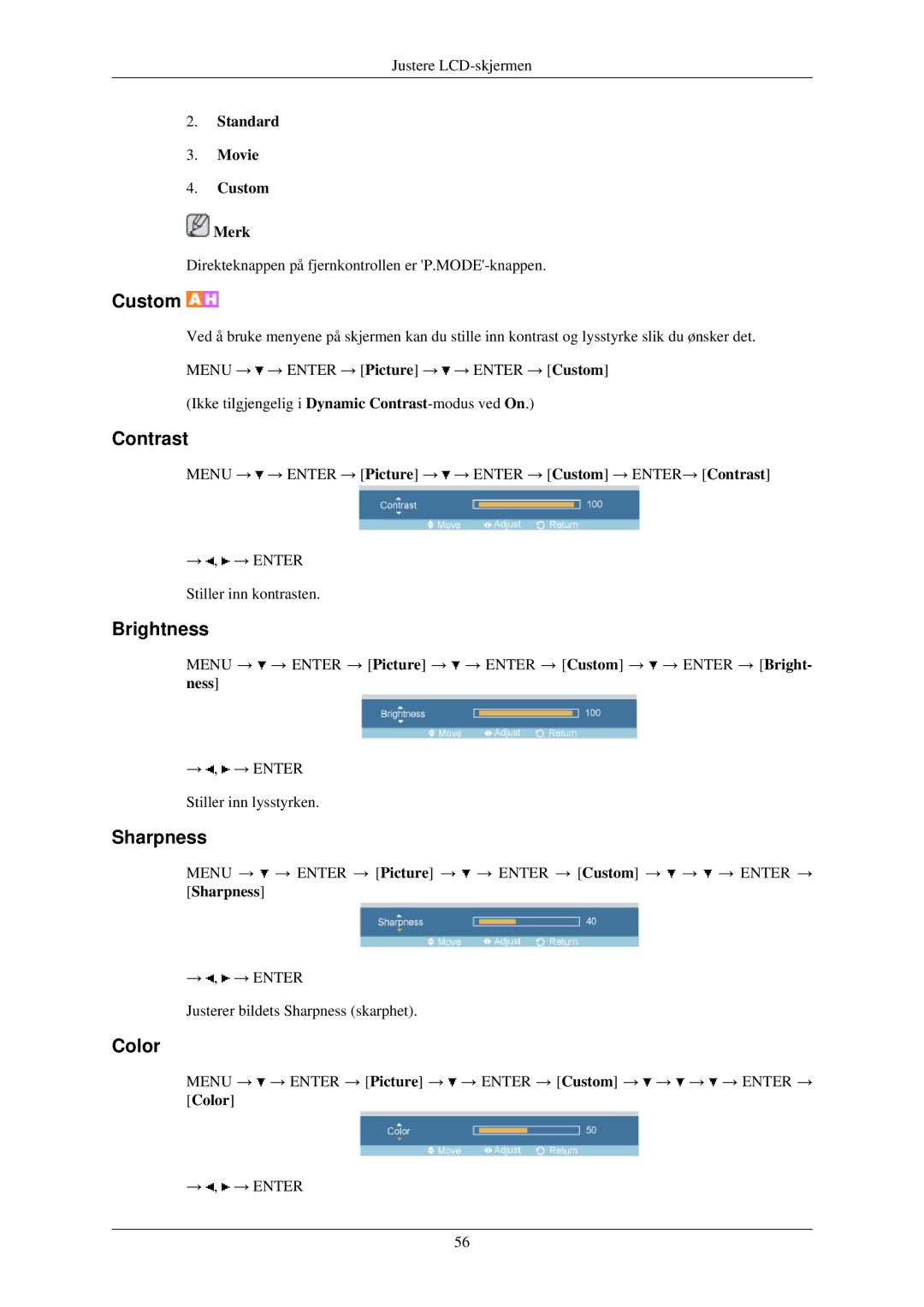 Samsung LH46TCUMBC/EN, LH40TCUMBG/EN, LH40TCQMBG/EN, LH46TCUMBG/EN, LH40TCUMBC/EN manual Color, Standard Movie Custom Merk 