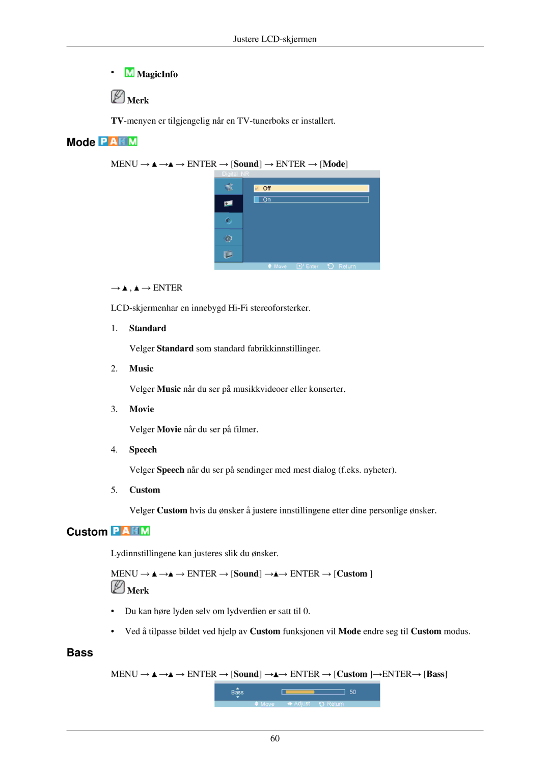 Samsung LH40TCUMBG/EN, LH46TCUMBC/EN, LH40TCQMBG/EN, LH46TCUMBG/EN, LH40TCUMBC/EN manual Bass, Standard, Music, Speech 