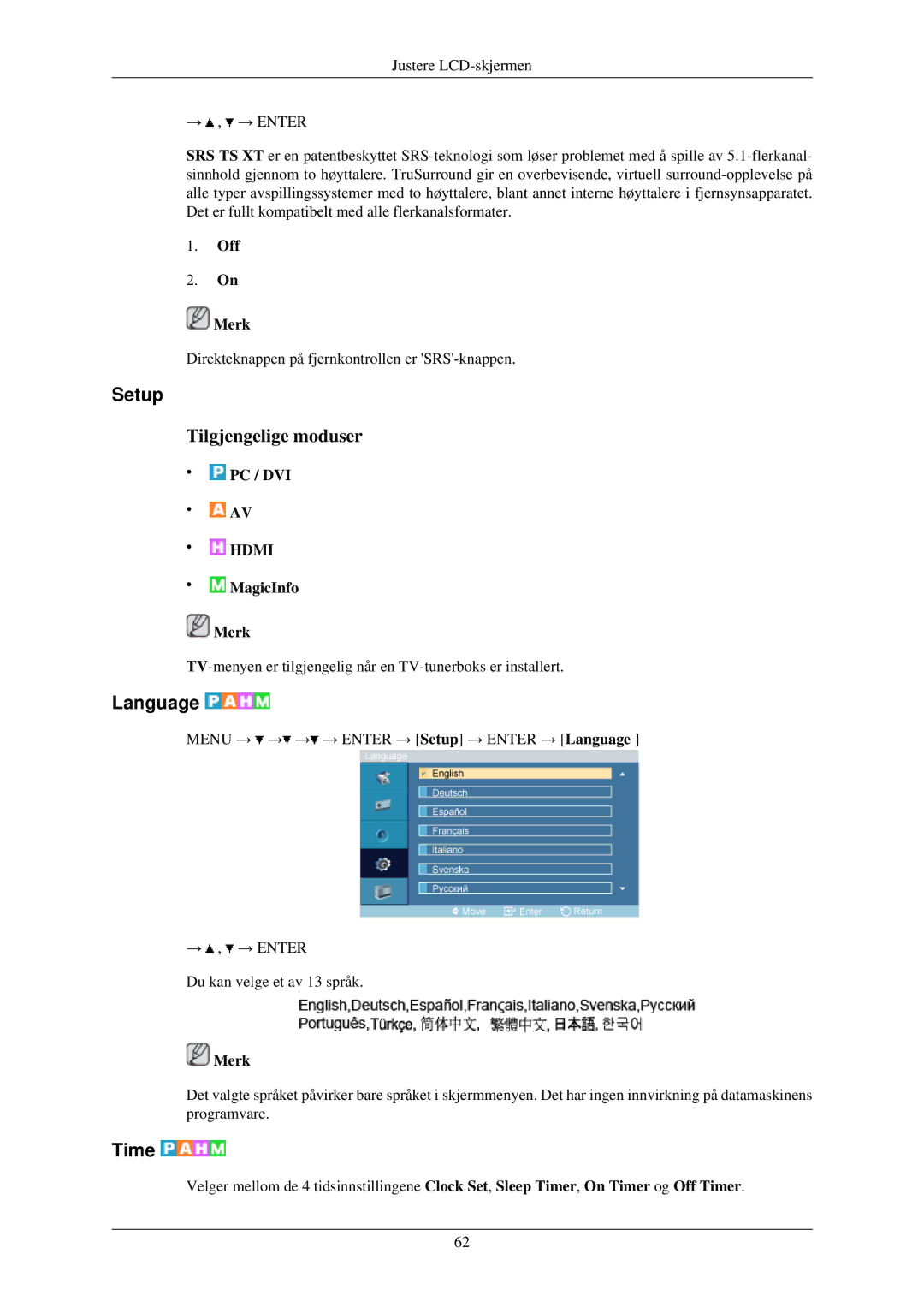 Samsung LH40TCQMBG/EN, LH40TCUMBG/EN, LH46TCUMBC/EN, LH46TCUMBG/EN, LH40TCUMBC/EN manual Setup, Language, Time, Off Merk 