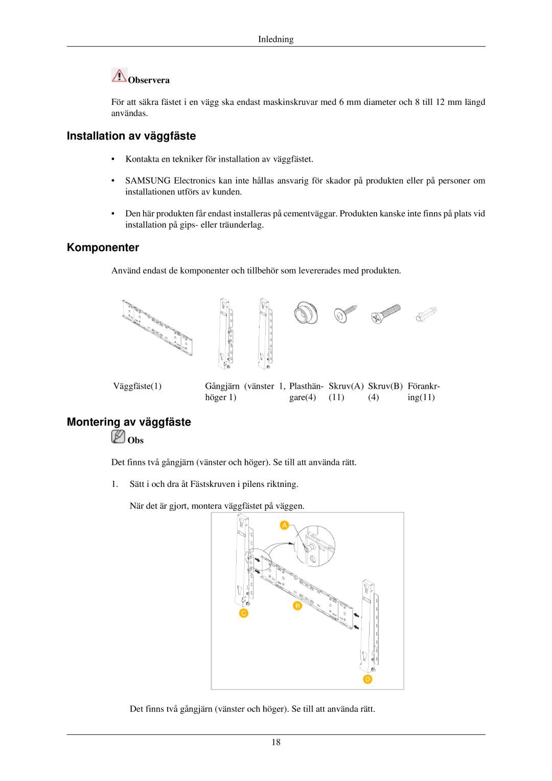 Samsung LH40TCUMBC/EN, LH40TCUMBG/EN manual Installation av väggfäste, Komponenter, Montering av väggfäste, Observera 