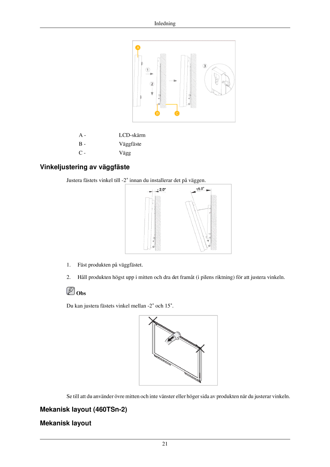 Samsung LH40TCQMBG/EN, LH40TCUMBG/EN, LH46TCUMBC/EN, LH46TCUMBG/EN Vinkeljustering av väggfäste, Mekanisk layout 460TSn-2 