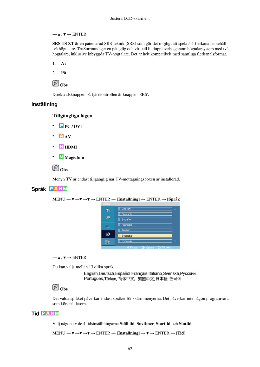 Samsung LH40TCQMBG/EN, LH40TCUMBG/EN, LH46TCUMBC/EN, LH46TCUMBG/EN, LH40TCUMBC/EN manual Inställning, Språk, Tid 