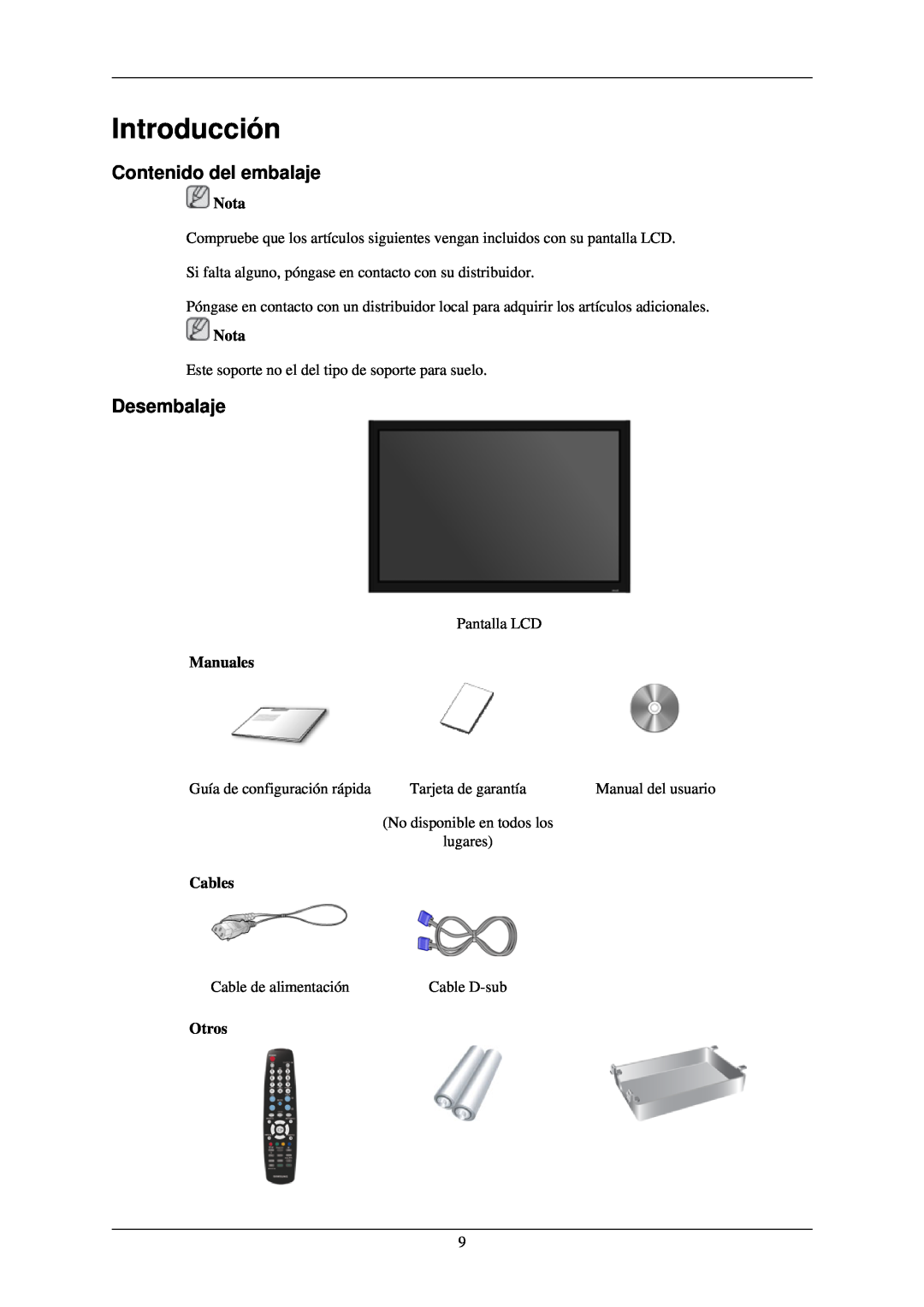 Samsung LH40TCUMBG/EN, LH46TCUMBC/EN manual Introducción, Contenido del embalaje, Desembalaje, Manuales, Cables, Otros, Nota 