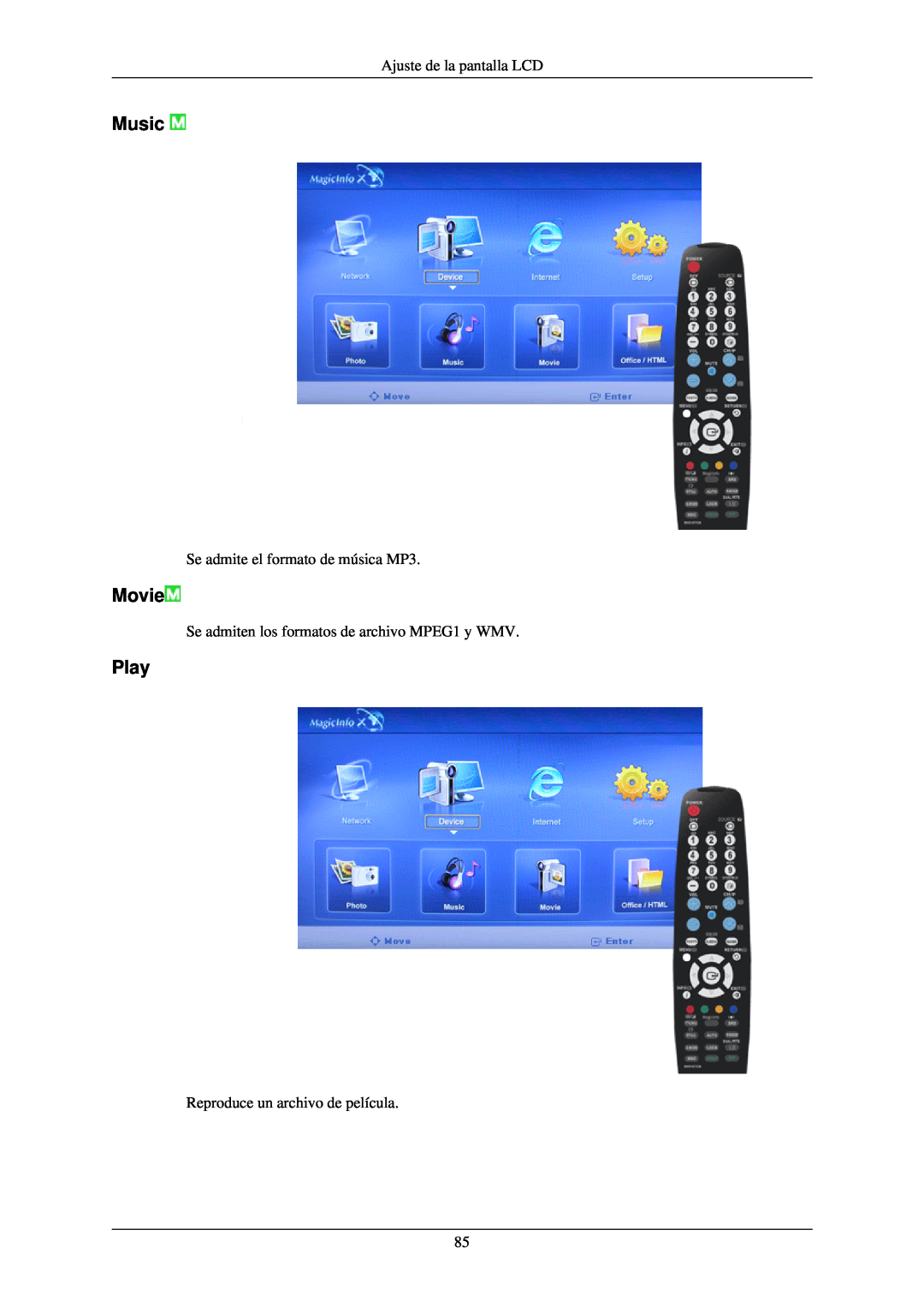 Samsung LH40TCUMBG/EN, LH46TCUMBC/EN Music, Movie, Play, Ajuste de la pantalla LCD, Se admite el formato de música MP3 