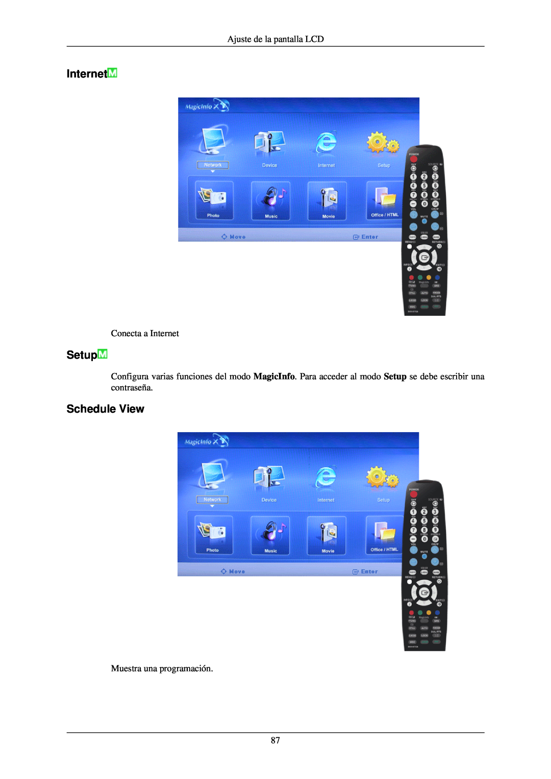 Samsung LH40TCQMBG/EN Setup, Schedule View, Ajuste de la pantalla LCD, Conecta a Internet, Muestra una programación 