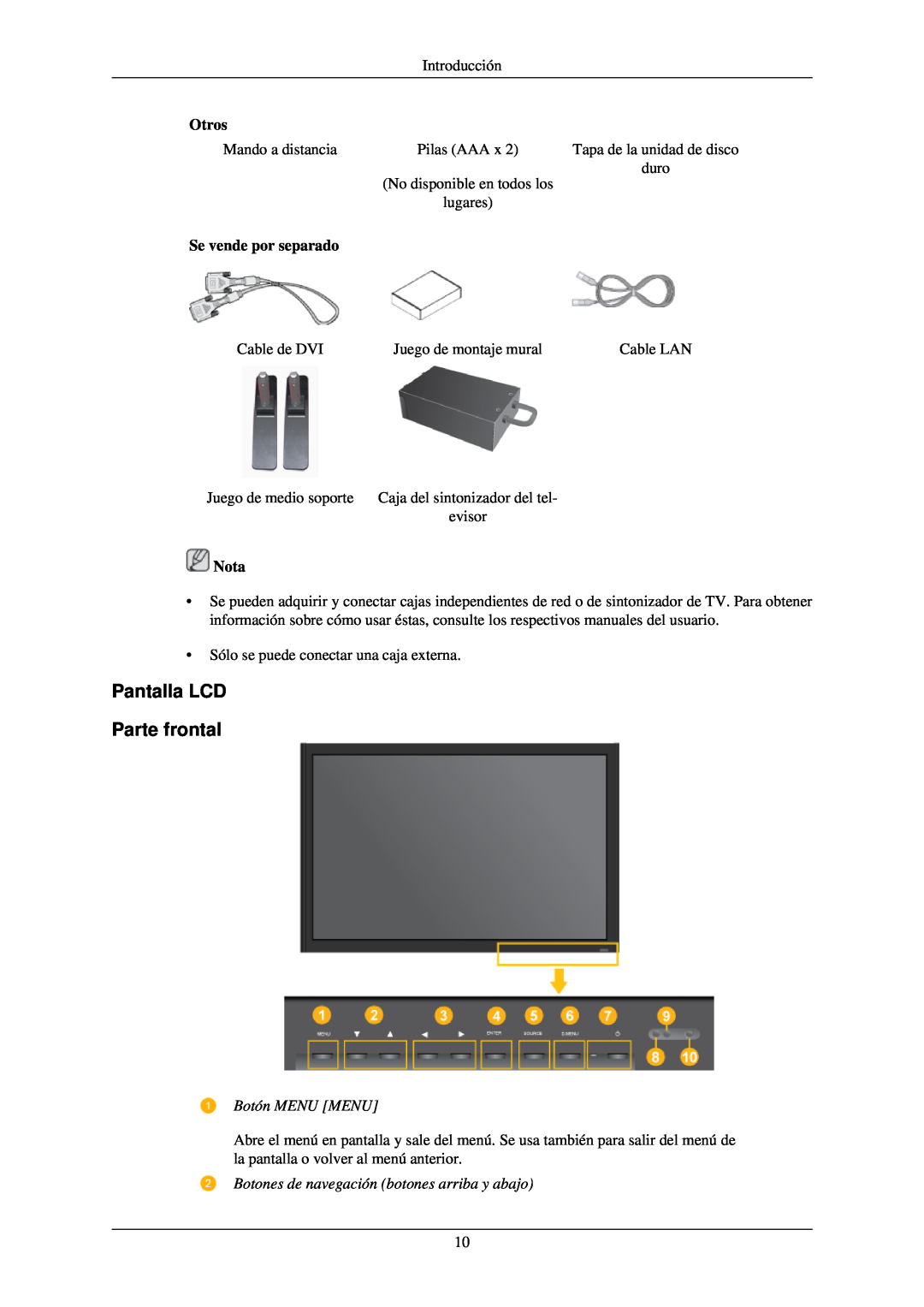 Samsung LH46TCUMBC/EN, LH40TCUMBG/EN manual Pantalla LCD Parte frontal, Se vende por separado, Botón MENU MENU, Otros, Nota 