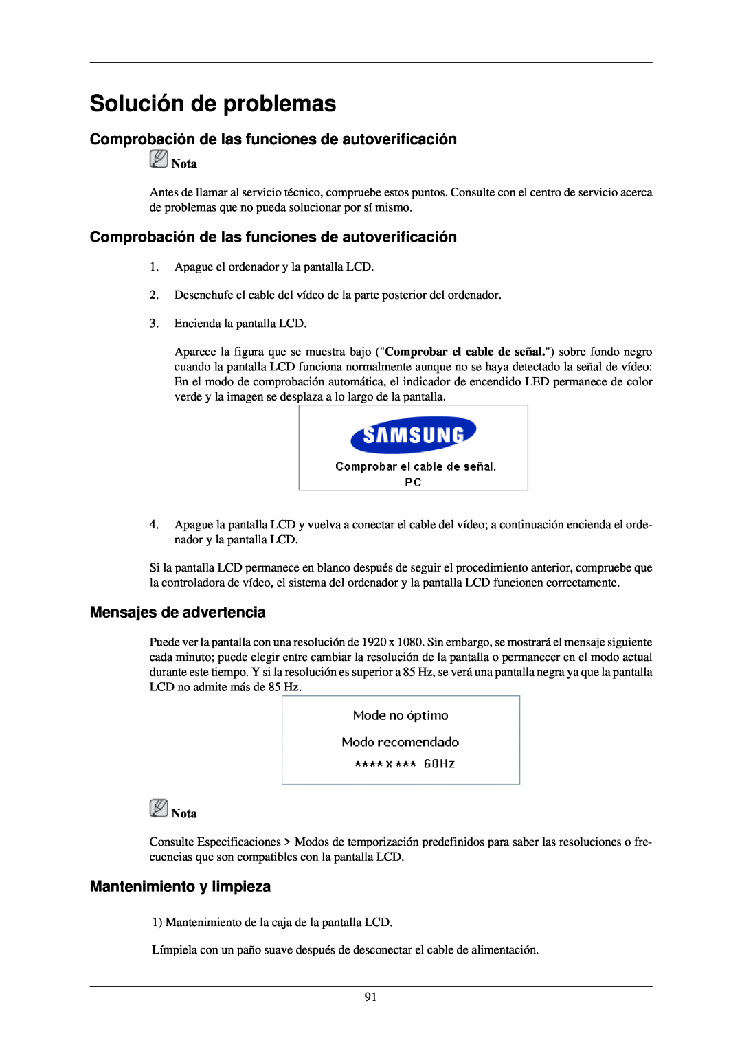 Samsung LH46TCUMBC/EN Solución de problemas, Comprobación de las funciones de autoverificación, Mensajes de advertencia 