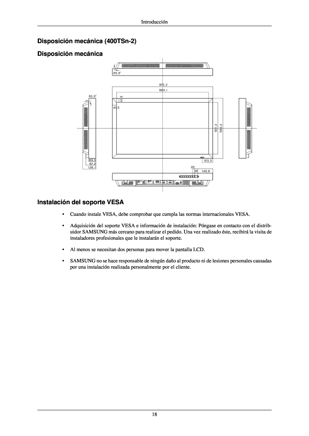Samsung LH40TCUMBC/EN, LH40TCUMBG/EN manual Disposición mecánica 400TSn-2 Disposición mecánica, Instalación del soporte VESA 