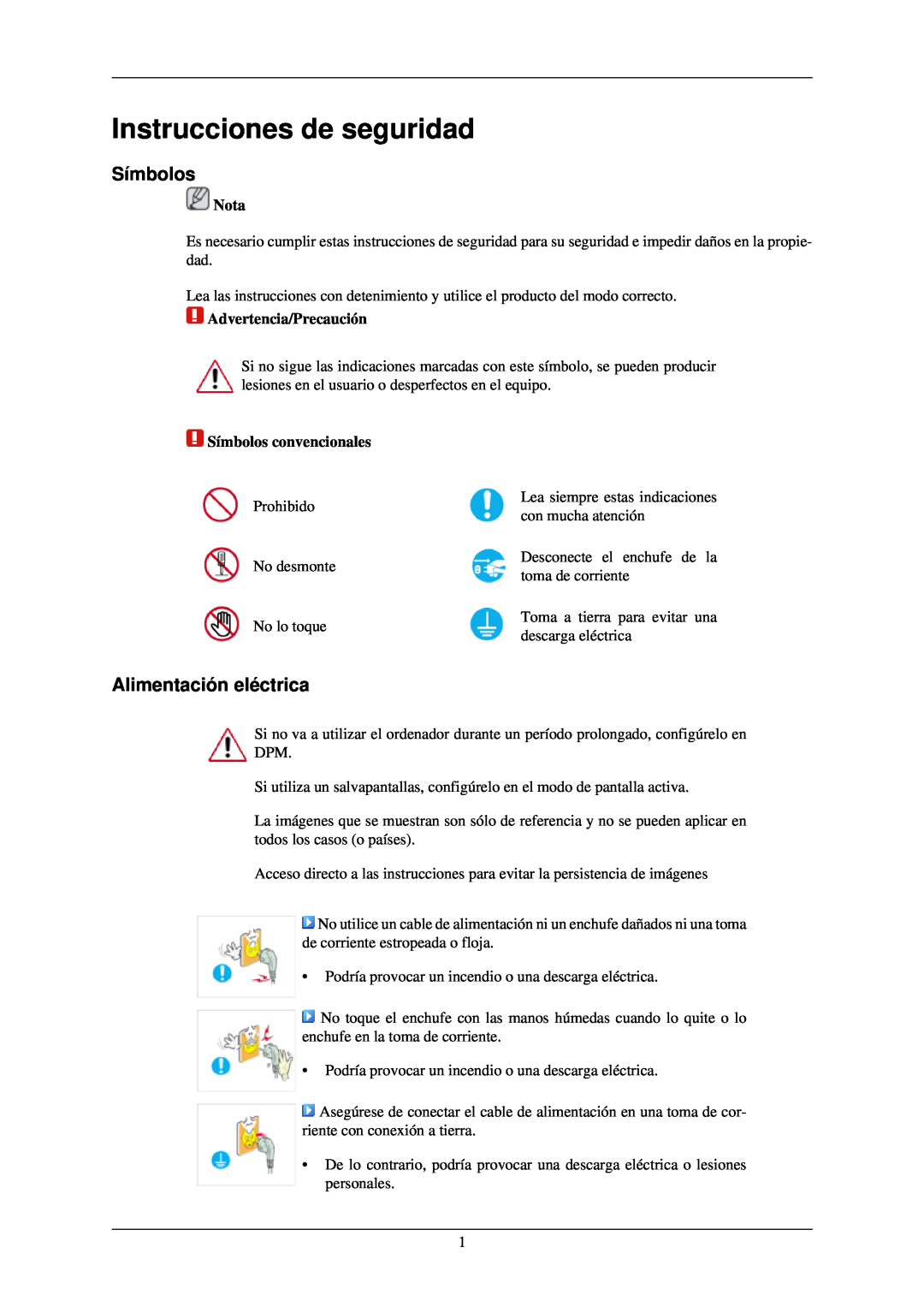 Samsung LH40TCQMBG/EN manual Instrucciones de seguridad, Símbolos, Alimentación eléctrica, Nota, Advertencia/Precaución 