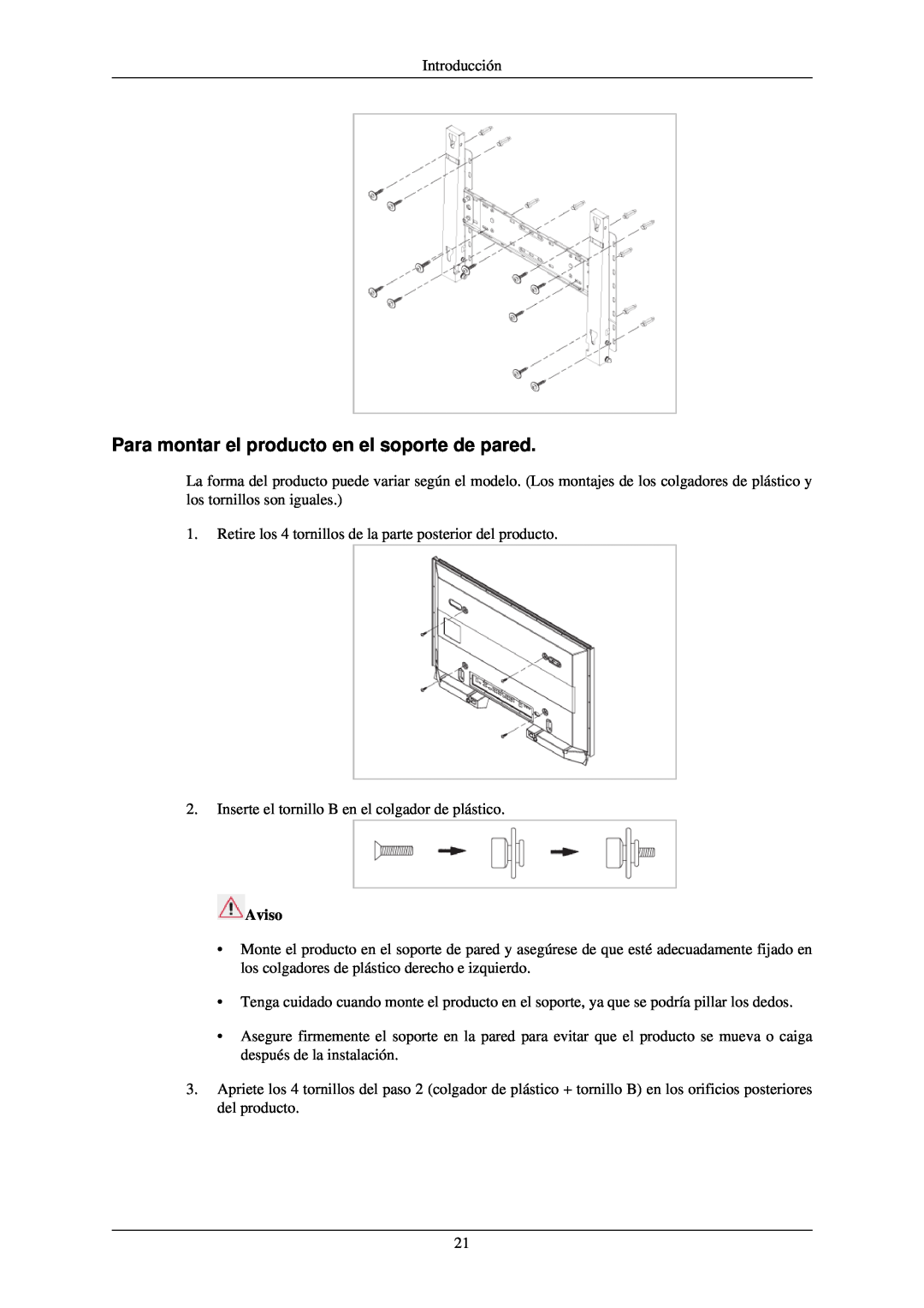 Samsung LH40TCQMBG/EN, LH40TCUMBG/EN, LH46TCUMBC/EN, LH46TCUMBG/EN Para montar el producto en el soporte de pared, Aviso 