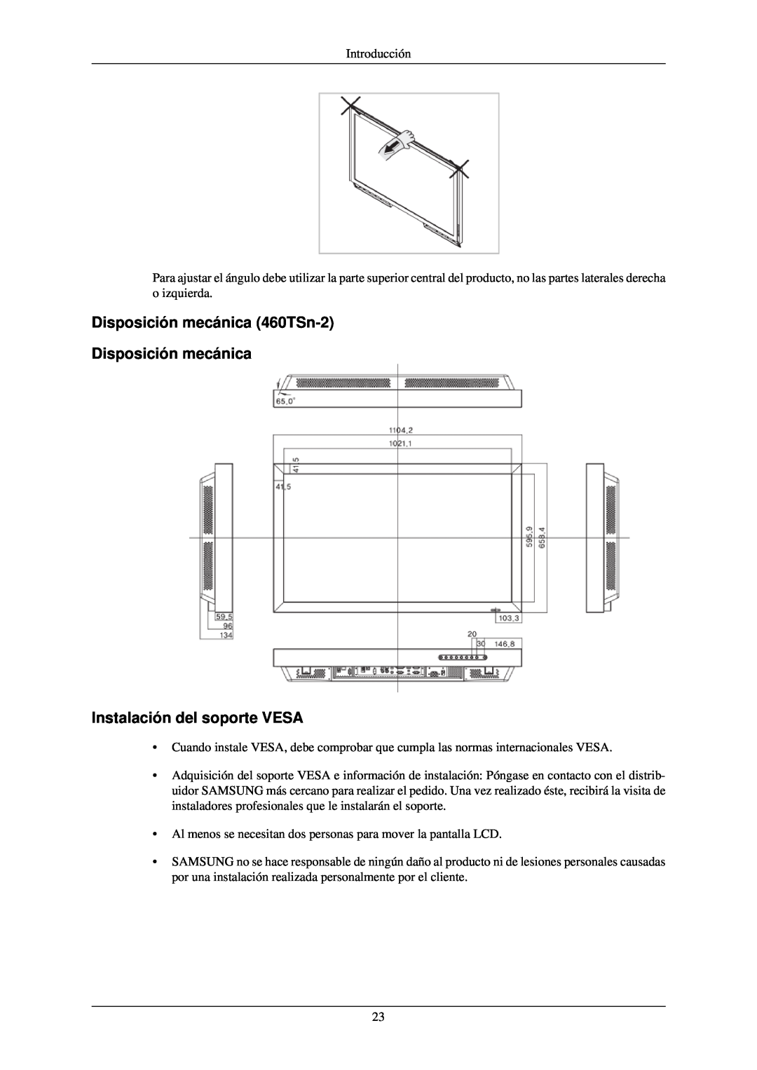 Samsung LH40TCUMBC/EN, LH40TCUMBG/EN manual Disposición mecánica 460TSn-2 Disposición mecánica, Instalación del soporte VESA 