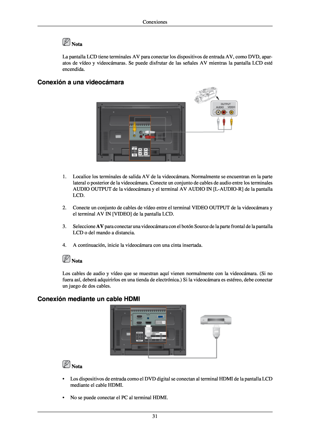 Samsung LH40TCQMBG/EN, LH40TCUMBG/EN, LH46TCUMBC/EN manual Conexión a una videocámara, Conexión mediante un cable HDMI, Nota 