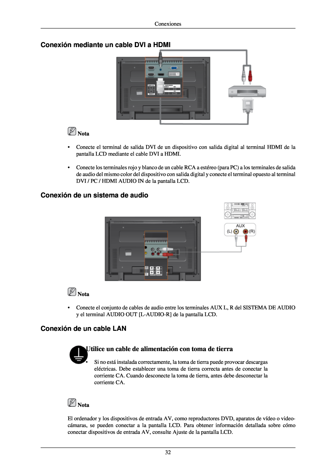 Samsung LH46TCUMBG/EN Conexión mediante un cable DVI a HDMI, Conexión de un sistema de audio, Conexión de un cable LAN 