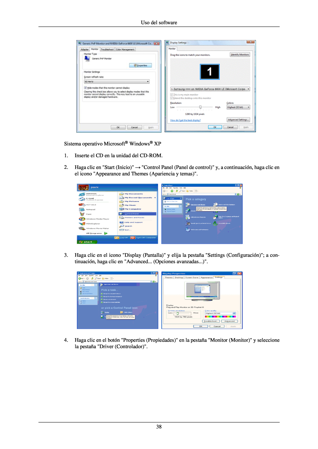 Samsung LH40TCUMBC/EN manual Uso del software Sistema operativo Microsoft Windows XP, Inserte el CD en la unidad del CD-ROM 