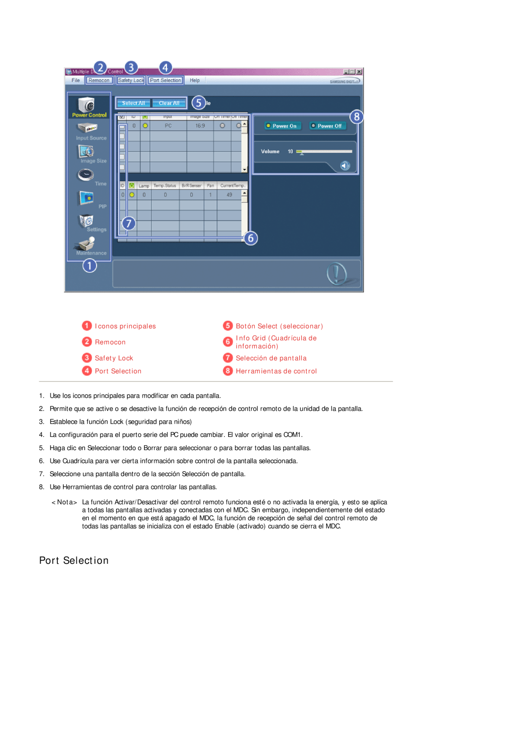 Samsung LH40TCQMBG/EN manual Port Selection, Iconos principales, Botón Select seleccionar, Remocon, Info Grid Cuadrícula de 