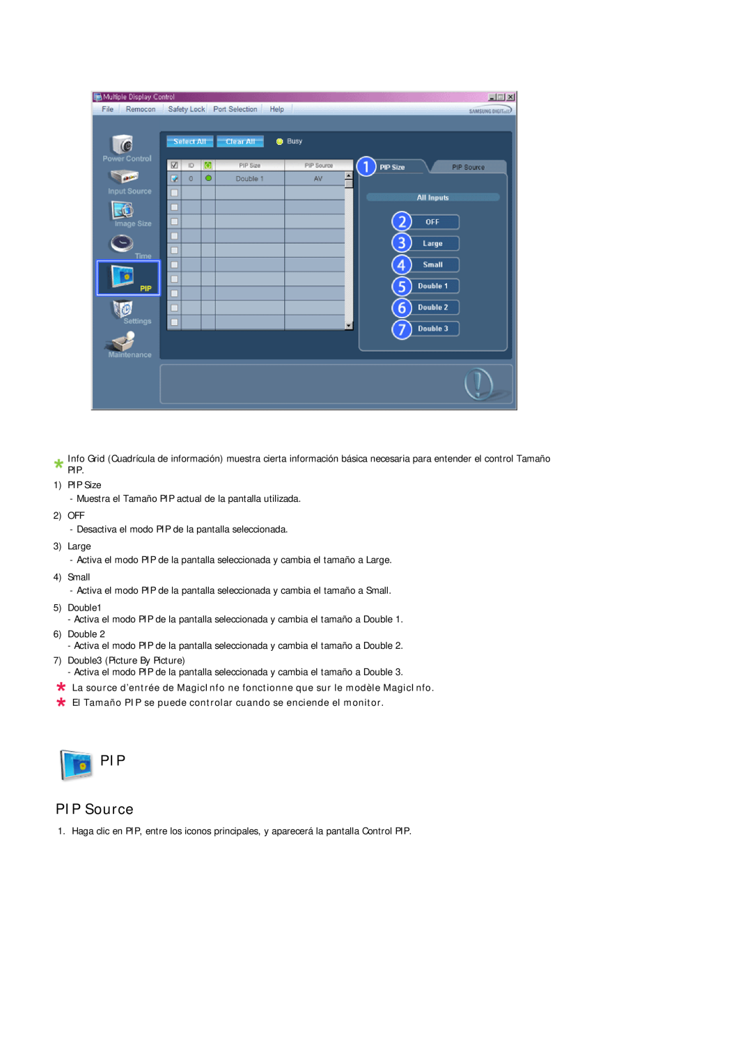 Samsung LH40TCUMBG/EN, LH46TCUMBC/EN manual PIP PIP Source, El Tamaño PIP se puede controlar cuando se enciende el monitor 
