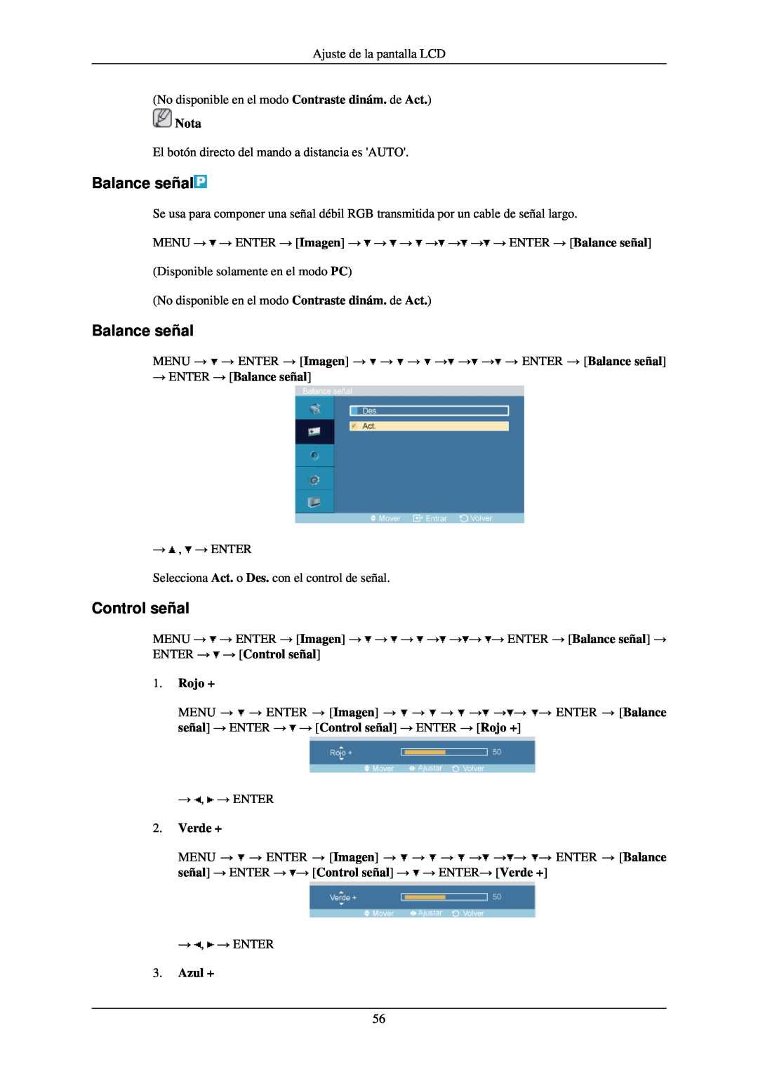 Samsung LH46TCUMBC/EN, LH40TCUMBG/EN manual Control señal, → ENTER → Balance señal, Rojo +, Verde +, Azul +, Nota 