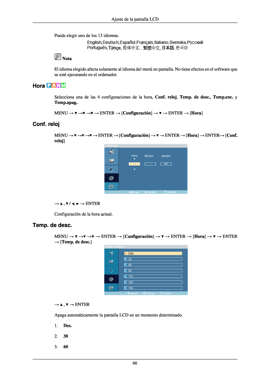 Samsung LH46TCUMBC/EN, LH40TCUMBG/EN, LH40TCQMBG/EN, LH46TCUMBG/EN manual Hora, Conf. reloj, → Temp. de desc, Des, Nota 