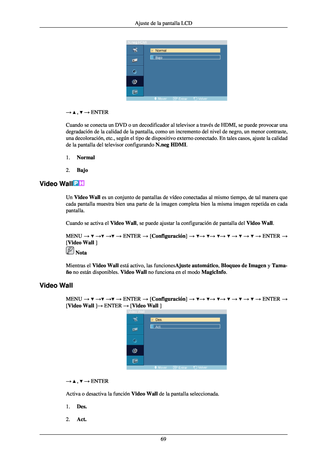 Samsung LH40TCUMBC/EN, LH40TCUMBG/EN, LH46TCUMBC/EN, LH40TCQMBG/EN manual Video Wall, Normal 2. Bajo, Nota, Des 2. Act 