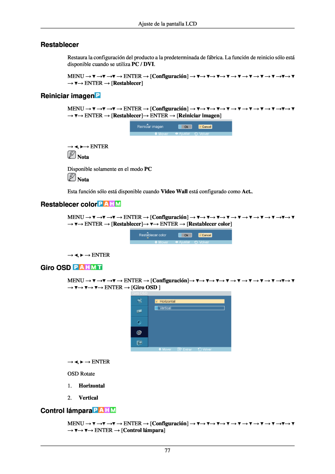 Samsung LH40TCQMBG/EN Reiniciar imagen, Restablecer color, Giro OSD, Control lámpara, →→ ENTER → Restablecer, Nota 