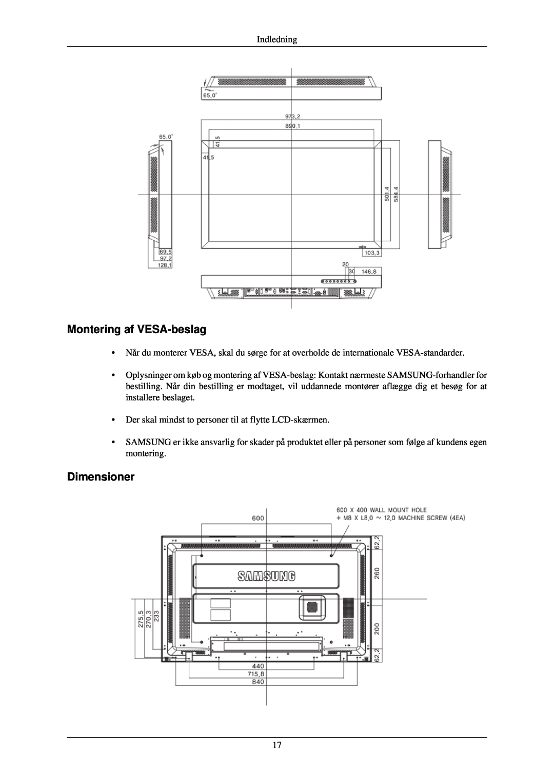 Samsung LH46TCUMBG/EN, LH40TCUMBG/EN, LH46TCUMBC/EN, LH40TCQMBG/EN, LH40TCUMBC/EN manual Montering af VESA-beslag, Dimensioner 