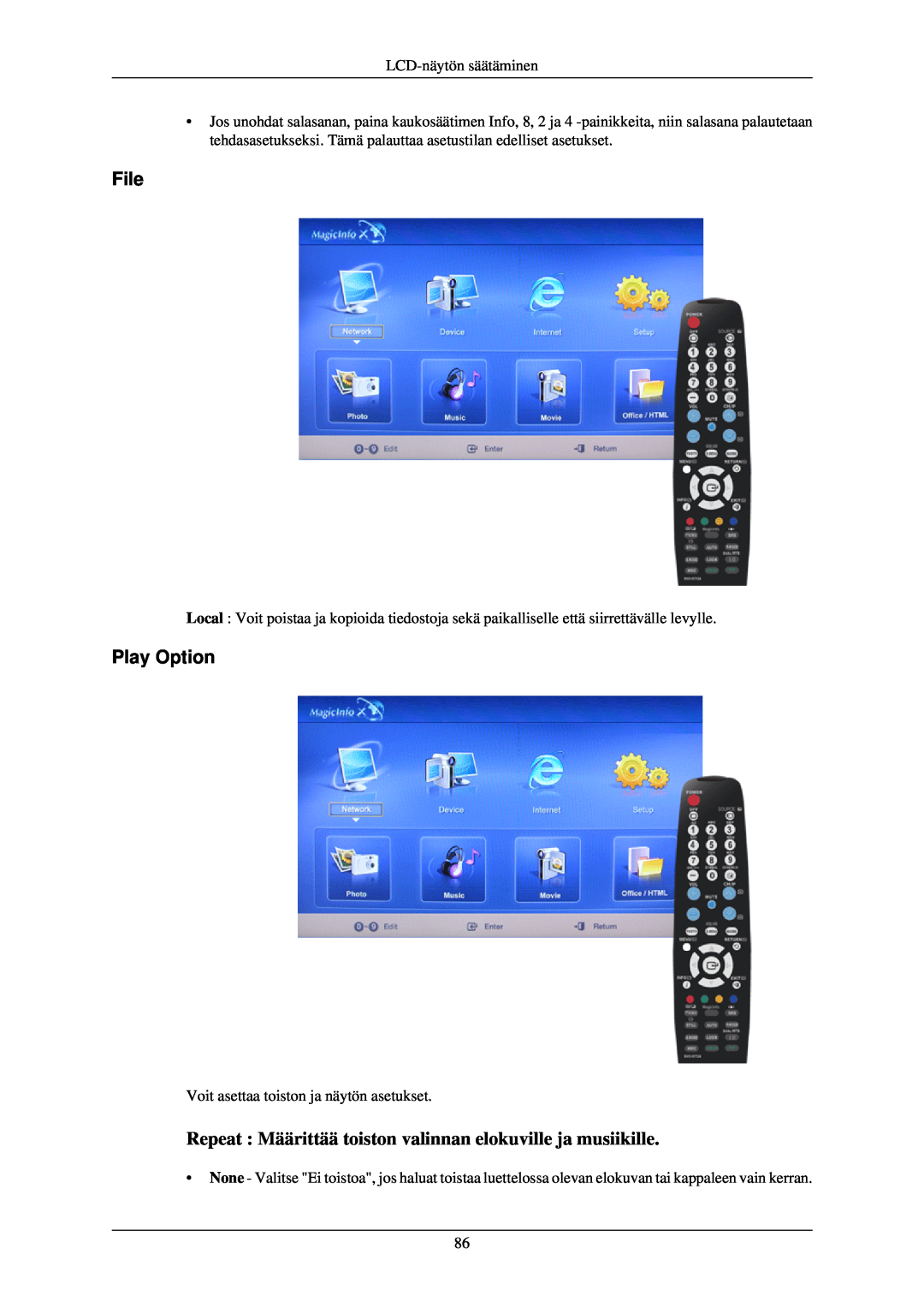Samsung LH40TCUMBG/EN, LH46TCUMBC/EN manual File, Play Option, Repeat Määrittää toiston valinnan elokuville ja musiikille 