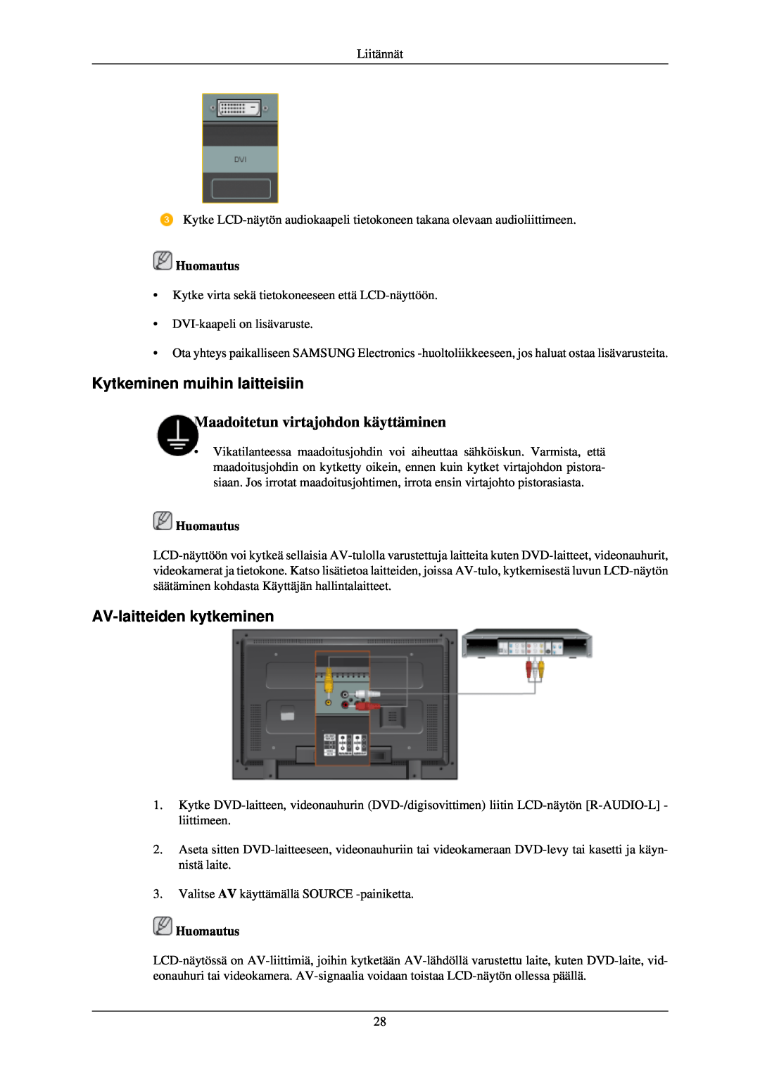Samsung LH40TCUMBC/EN manual Kytkeminen muihin laitteisiin, AV-laitteiden kytkeminen, Maadoitetun virtajohdon käyttäminen 