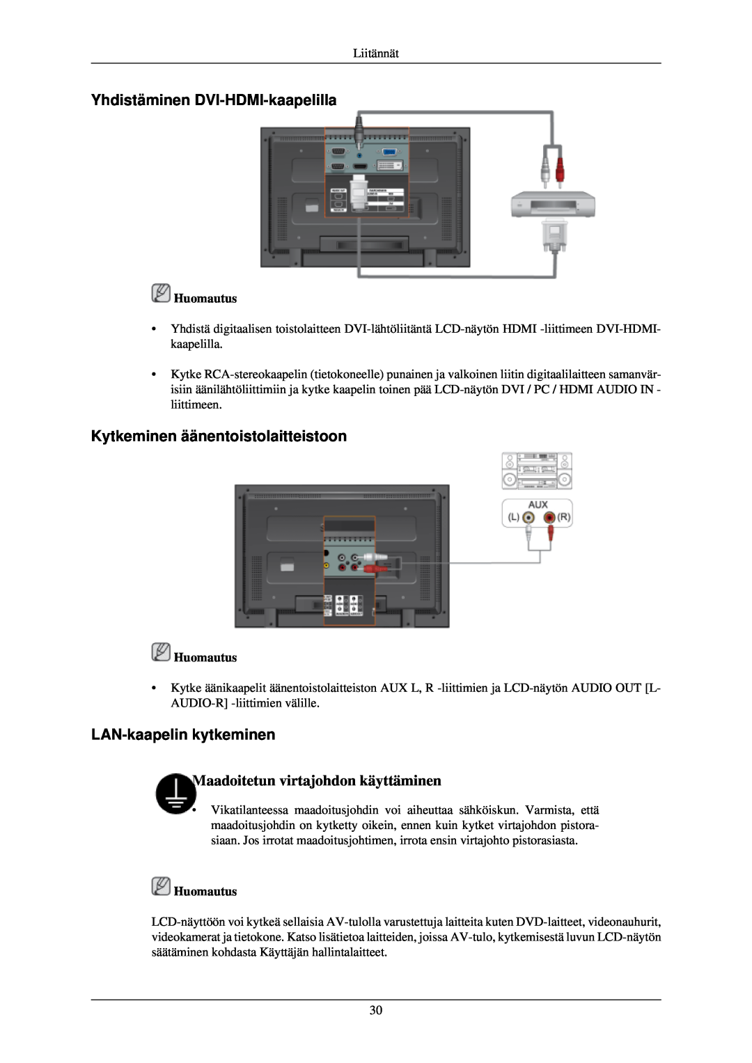 Samsung LH46TCUMBC/EN manual Yhdistäminen DVI-HDMI-kaapelilla, Kytkeminen äänentoistolaitteistoon, LAN-kaapelin kytkeminen 