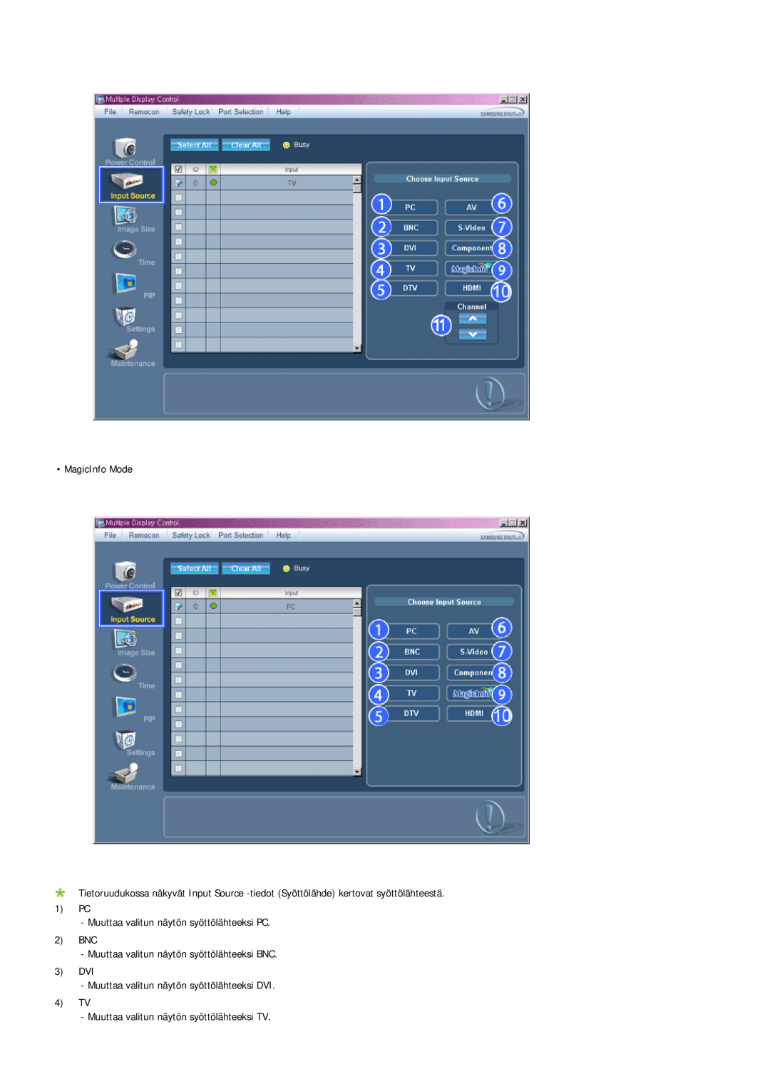 Samsung LH40TCQMBG/EN, LH40TCUMBG/EN, LH46TCUMBC/EN manual MagicInfo Mode, PC Muuttaa valitun näytön syöttölähteeksi PC 2 BNC 