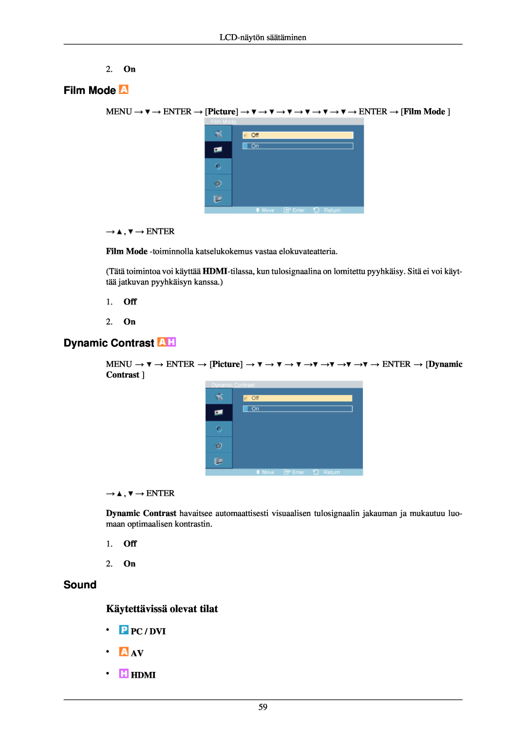 Samsung LH46TCUMBG/EN manual Film Mode, Sound, 2. On, MENU → → ENTER → Picture → → → → → → → → ENTER → Dynamic Contrast 