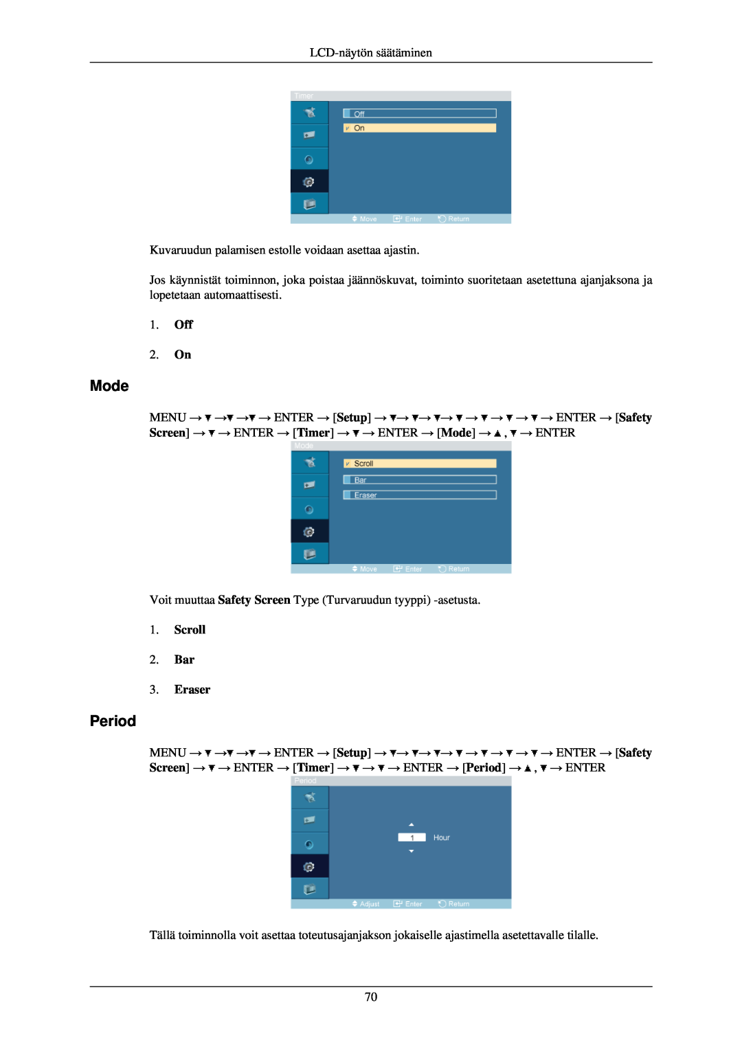 Samsung LH40TCUMBC/EN, LH40TCUMBG/EN, LH46TCUMBC/EN, LH40TCQMBG/EN manual Period, Scroll 2. Bar 3. Eraser, Mode, Off 2. On 