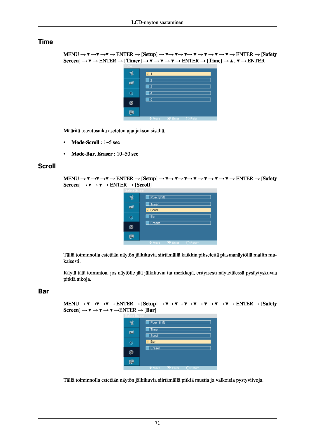 Samsung LH40TCUMBG/EN, LH46TCUMBC/EN, LH40TCQMBG/EN, LH46TCUMBG/EN Mode-Scroll 1~5 sec Mode-Bar, Eraser 10~50 sec, Time 