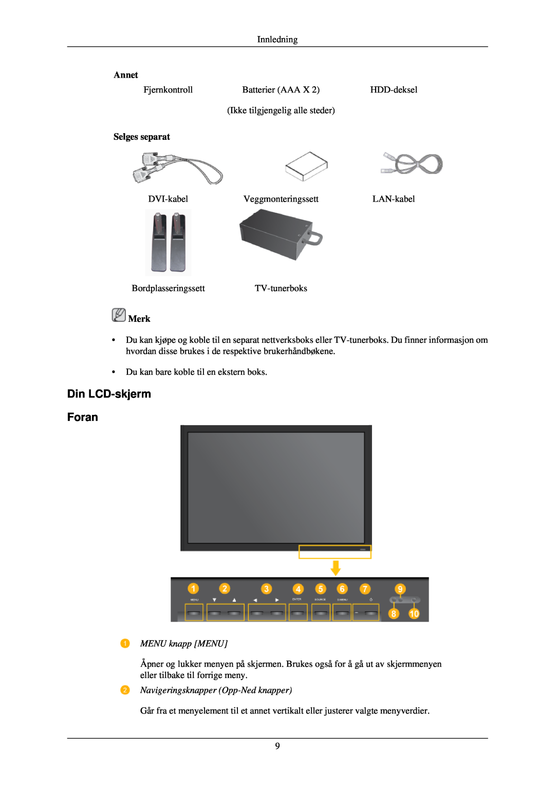Samsung LH40TCUMBG/EN, LH46TCUMBC/EN, LH40TCQMBG/EN manual Din LCD-skjerm Foran, Selges separat, Annet, Merk, MENU knapp MENU 